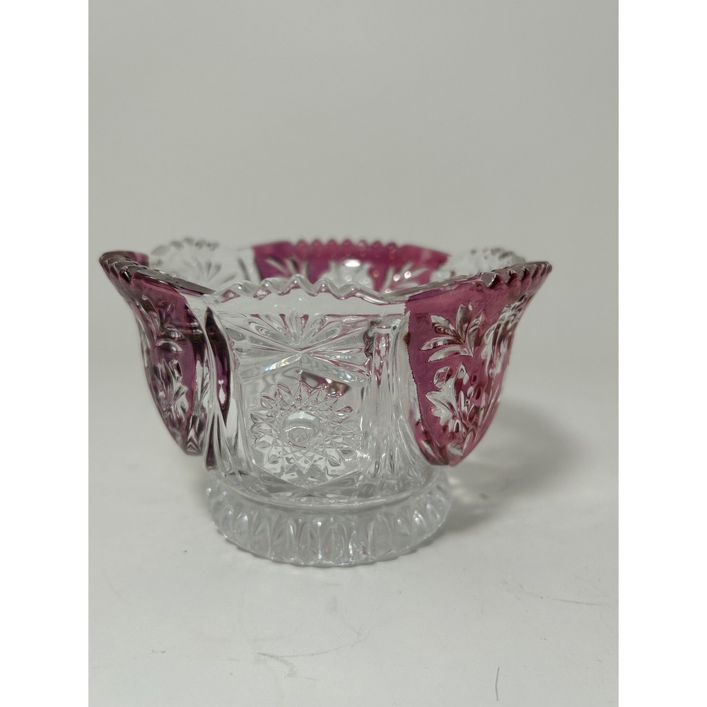 Vintage Cranberry Flash Pressed Glass Bowl Intaglio Floral Scalloped SawtoothRim - Picture 3 of 7
